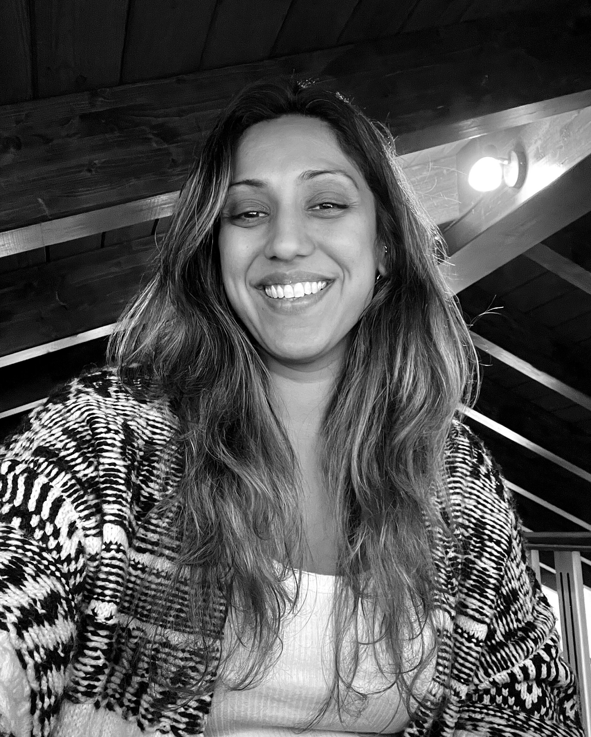 Portrait black and white image of Ally Biring